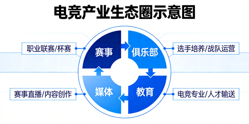 电竞产业生态圈示意图 - 包含赛事、俱乐部、媒体、教育等环节的连接图