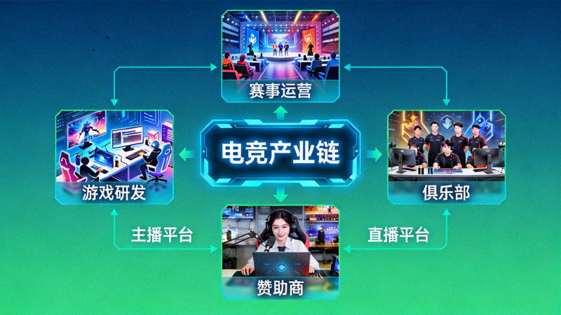 电竞产业链图谱 - 展示游戏研发、赛事运营、俱乐部、直播平台、赞助商等环节