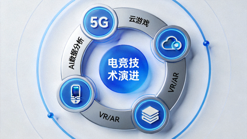 电竞技术演进图示 - 5G、云游戏、VR/AR、AI数据分析等技术图标环绕