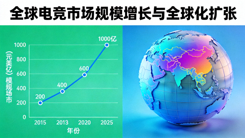 全球电竞市场规模增长曲线图与地球仪 - 展示产业全球化扩张