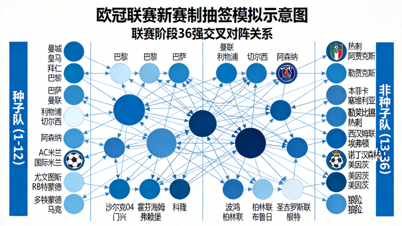 欧冠联赛新赛制抽签模拟示意图，展示36支球队在联赛阶段的复杂对阵网络